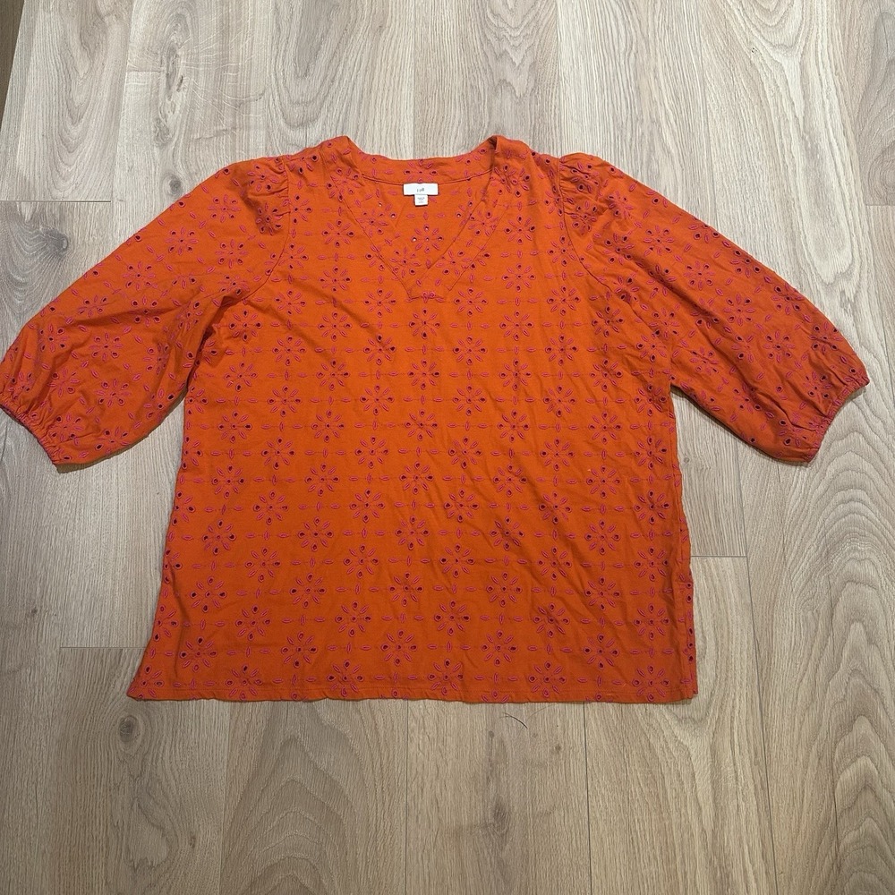 J. Jill Or Age Coral Blouse Top Women's Sz Large Petite Eyelet Floral Embroiderd